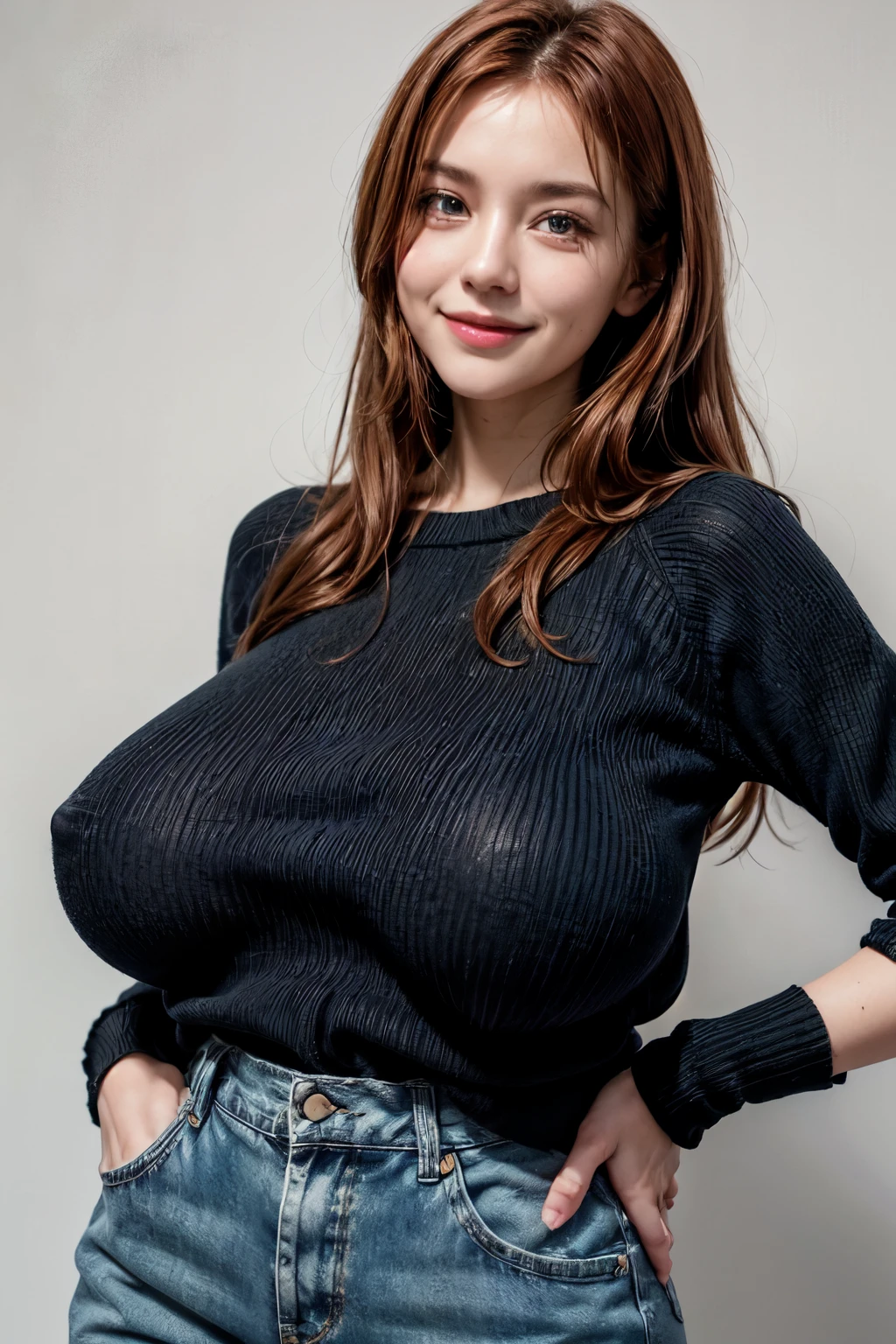 1girl, solo, standing, upper body, mature female, mature, milf, hands on hips, red hair, long hair, messy hair, green eyes, looking at viewer, smile, black sweater, ribbed sweater, jeans, (sagging breasts:1.2), huge breasts, white background, simple background, sfw