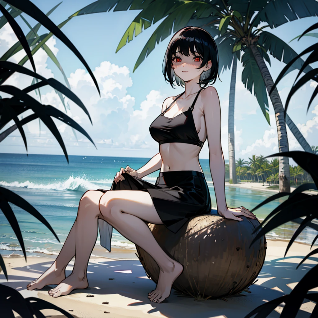 ((best quality)), ((masterpiece)), (detailed), perfect face, ((green skin)), pointy ears, very shy, tiny breasts, wearing sunglasses, short dark hair, on the beach, sitting in a beach chair under a large umbrella, wearing large beach hat, in the shade of an umbrella, wearing a modest swimsuit, full body, reading a book, hifumi bikini, sunglasses, sitting in beach chair, wearing hat