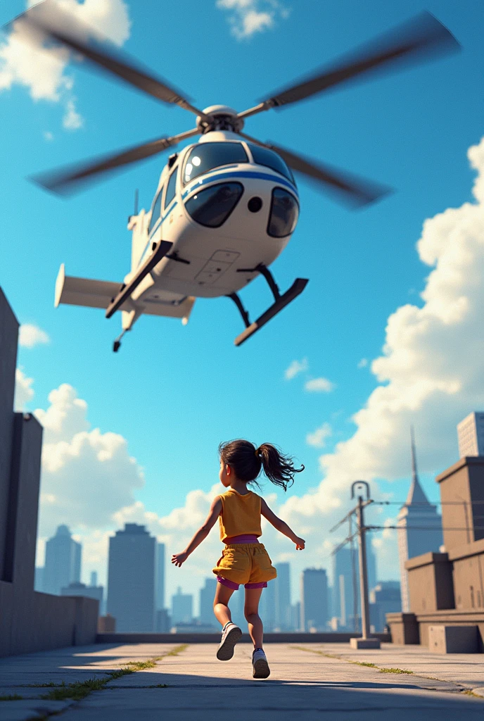 A playing in the rooftop amd a police helicopter shot on the girl head