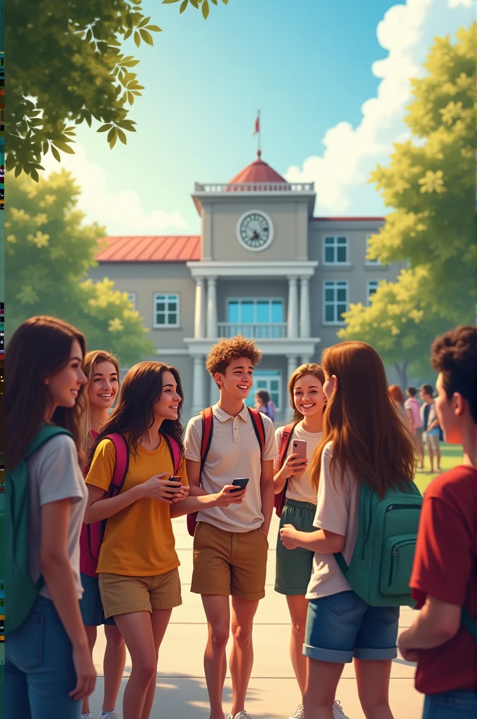 create an image about the last day of 9th grade school among friends in front of the school