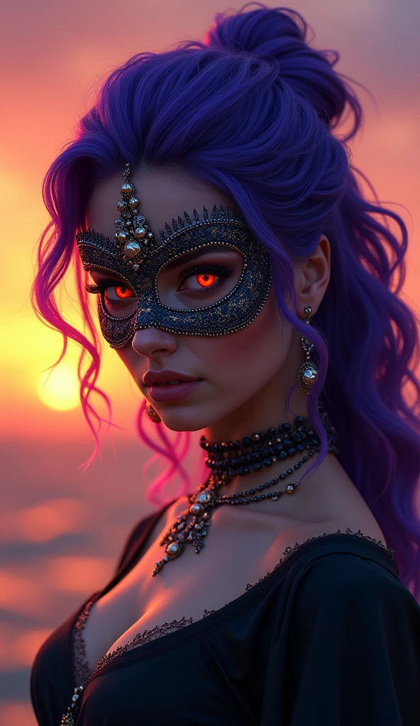 A woman wearing a mask and purple hair stands in front of a sunset, inspirado em Magali Villeneuve, Oriental Face, pintura de personagem bonita, Estilo de arte oriental, arabian art, 8k arte detalhada de alta qualidade, epic fantasy art portrait, epic exquisite character art, regal and menacing visage, detailed face of an arabic woman, Graphic artist Magali Villeneuve
