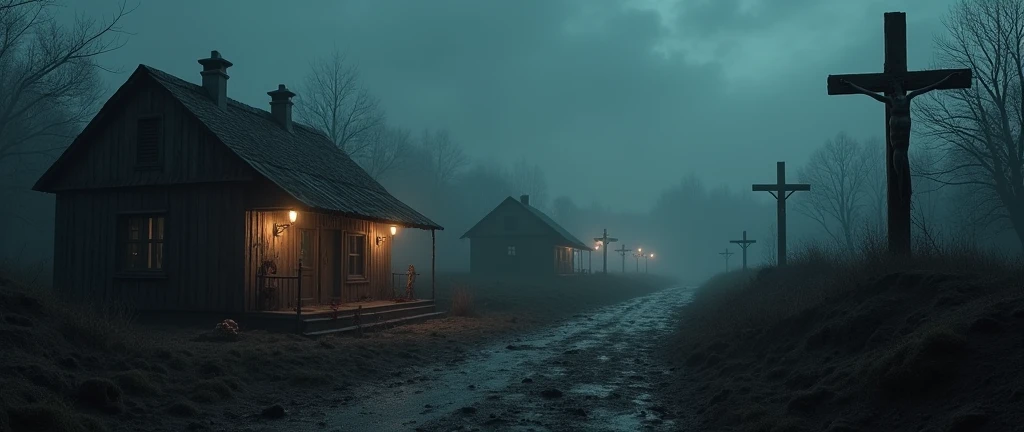 (raw photo, best quality) , (Realistic, photo-realistic: 1.4), Extremely formidable, general plan, masterpiece, ultra-detailed, high resolution, Best illustration, best shadow, complex, depth of field, horror, scary, terrifying, landscape, several wooden masure, poor and coarse enough, low lighting, the only sources of light are torches or lanterns, Several crucifixes and Christian crosses are present, the floor is muddy and dented, there is blood on the walls and on the ground, ultra-sectarian religious rural environment, Scary, heavy and frightening atmosphere, night, volumetric fog, 8k, DSLR, high quality, (film grain: 1.4), Fujifilm XT3, Night, night