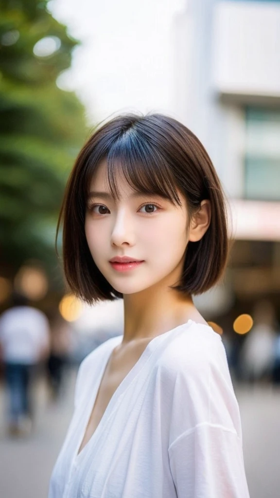 Highest quality、Japanese women、世界一beautifulな美人、beautiful、cute、Brown bob cut hairstyle、Small face、肌がbeautiful、Large breasts、Reality Stick、Blank look、Black Shirt