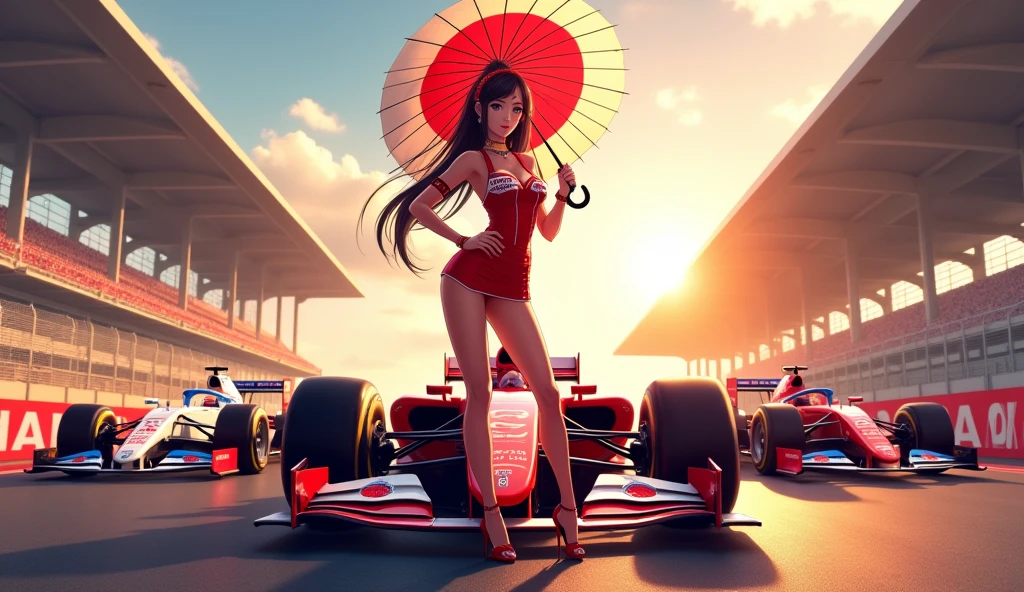 F1 race circuit. Race cars have the word JAPAN on them. A young Japanese race queen is standing in front of a race car holding a Japanese flag parasol. Her costume is separates with the word JAPAN on it. She is wearing a bangle on her arm. The background is beautiful and shining under the summer sun. Anime style. View from afar. Her beautiful legs are attractive, and her whole body from head to toe. She is wearing high heels.