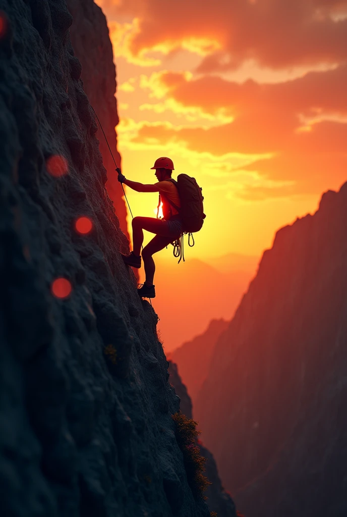 A image captures a dramatic, inspirational scene featuring a climber ascending a steep, rocky cliff during sunset. The climber, equipped with a backpack and helmet, is silhouetted against a vibrant, glowing sky pierced by the orange and yellow hues of the setting sun. The atmospheric effect is enhanced by light flares and bokeh that suggest the challenging yet mesmerizing environment of outdoor adventure. The climber's pose, gripping a rock face with one hand while stabilizing with the other, conveys determination and focus. The image radiates a sense of adventure, resilience, and the beauty of nature, encapsulating the essence of outdoor sports and the spirit of exploration. Highly detailed, perfect wide long shot visual masterpiece; The artist's signature, "@challenge2pt", adds a touch of personal flair to this stunning, wide-angle masterpiece.