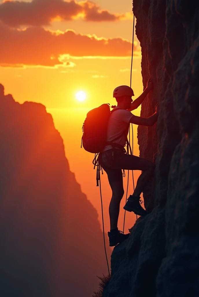 A image captures a dramatic, inspirational scene featuring a climber ascending a steep, rocky cliff during sunset. The climber, equipped with a backpack and helmet, is silhouetted against a vibrant, glowing sky pierced by the orange and yellow hues of the setting sun. The atmospheric effect is enhanced by light flares and bokeh that suggest the challenging yet mesmerizing environment of outdoor adventure. The climber's pose, gripping a rock face with one hand while stabilizing with the other, conveys determination and focus. The image radiates a sense of adventure, resilience, and the beauty of nature, encapsulating the essence of outdoor sports and the spirit of exploration. Highly detailed, perfect wide long shot visual masterpiece; The artist's signature, "@challenge2pt", adds a touch of personal flair to this stunning, wide-angle masterpiece.