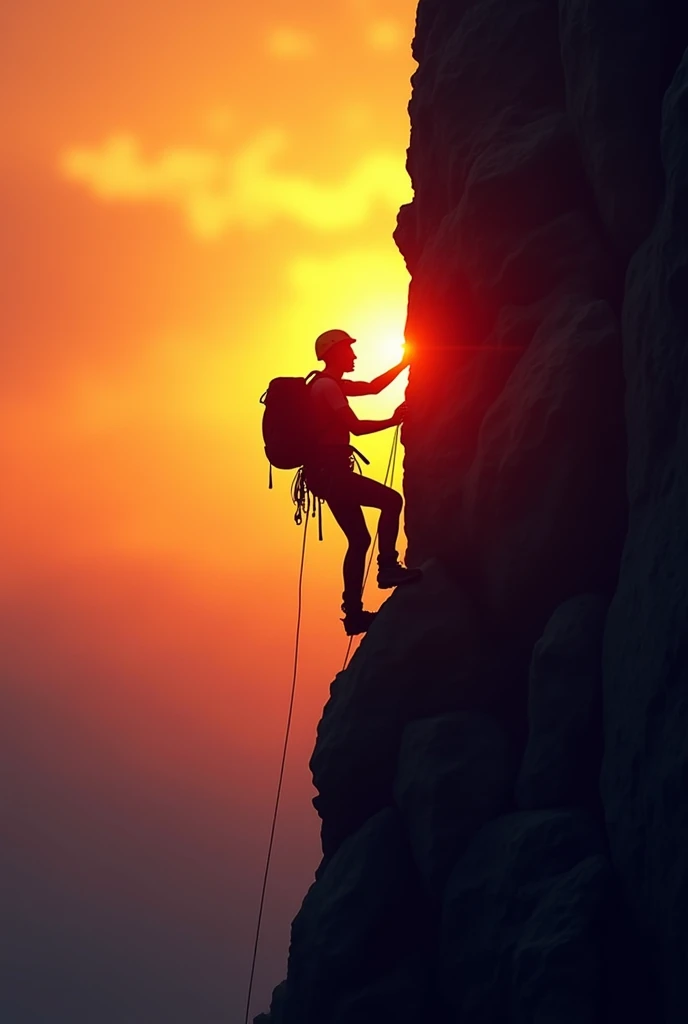 A image captures a dramatic, inspirational scene featuring a climber ascending a steep, rocky cliff during sunset. The climber, equipped with a backpack and helmet, is silhouetted against a vibrant, glowing sky pierced by the orange and yellow hues of the setting sun. The atmospheric effect is enhanced by light flares and bokeh that suggest the challenging yet mesmerizing environment of outdoor adventure. The climber's pose, gripping a rock face with one hand while stabilizing with the other, conveys determination and focus. The image radiates a sense of adventure, resilience, and the beauty of nature, encapsulating the essence of outdoor sports and the spirit of exploration. Highly detailed, perfect wide long shot visual masterpiece; The artist's signature, "@challenge2pt", adds a touch of personal flair to this stunning, wide-angle masterpiece.