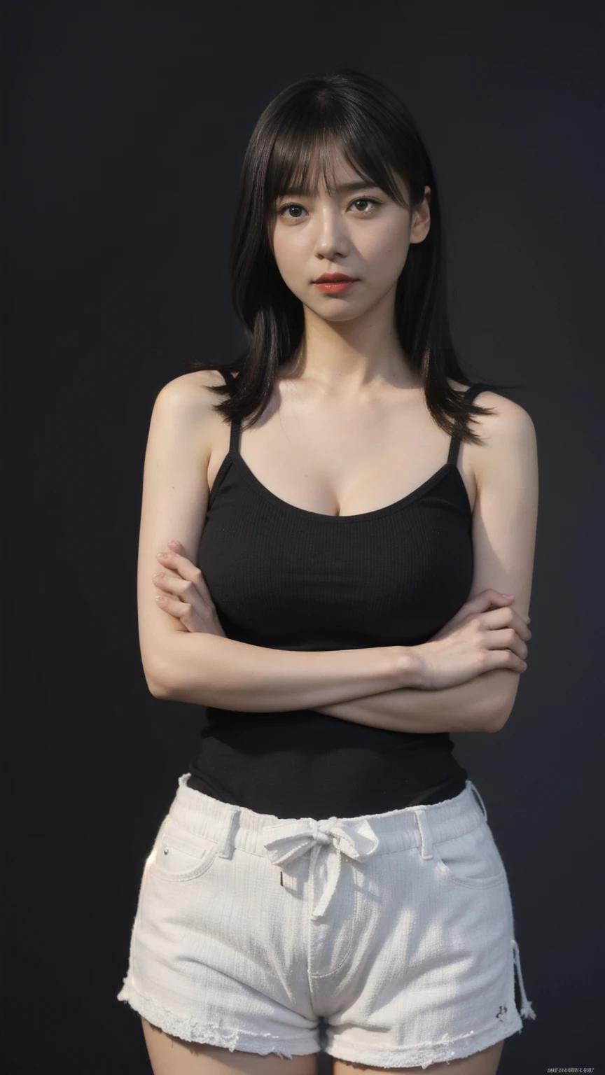 ((1girl)), woman, masterpiece, best quality, highest quality, cinematic lighting, (volumetric lighting), extremely detailed CG unity 8k wallpaper, focused, 8k wallpaper, extremely detailed, ultra realistic, photorealistic, sharp focus, absurdres, (HDR:1.2), (high contrast), photograph, detailed and intricate, instagram, portrait, highly detailed, digital painting, artstation, concept art, smooth, sharp focus, illustration, cinematic lighting, (big breast:1.3), (((skinny, slim legs))), (japanese idol posture), (knit strap tanktop, short pants, cleavage), looking at the viewer, (I don't see arms)), ((Standing)), ((Medium body shot, hip level shot)), long hair, ((crossed arms)).