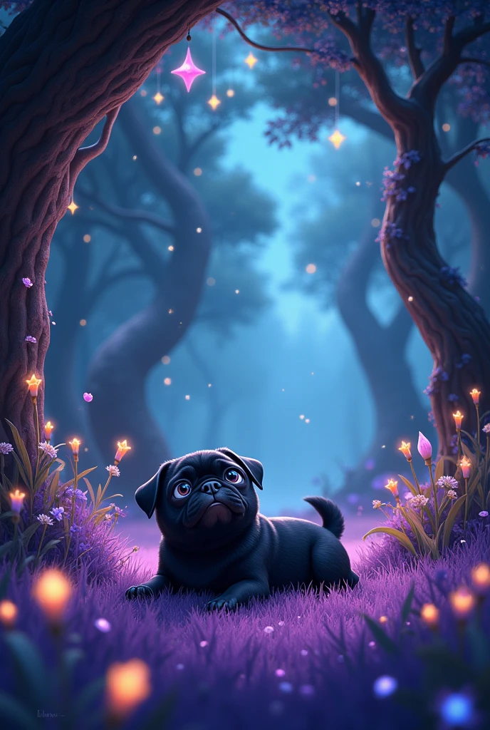 Juninho (a black pug puppy) leave the cave tired, because it ran a lot (now he is in a magical forest, with little flowers, fire flies, Magic trees, crystals, purple grass (predominant cool tones and warm tones for details). He lies on the grass on his back and looks at the starry sky.