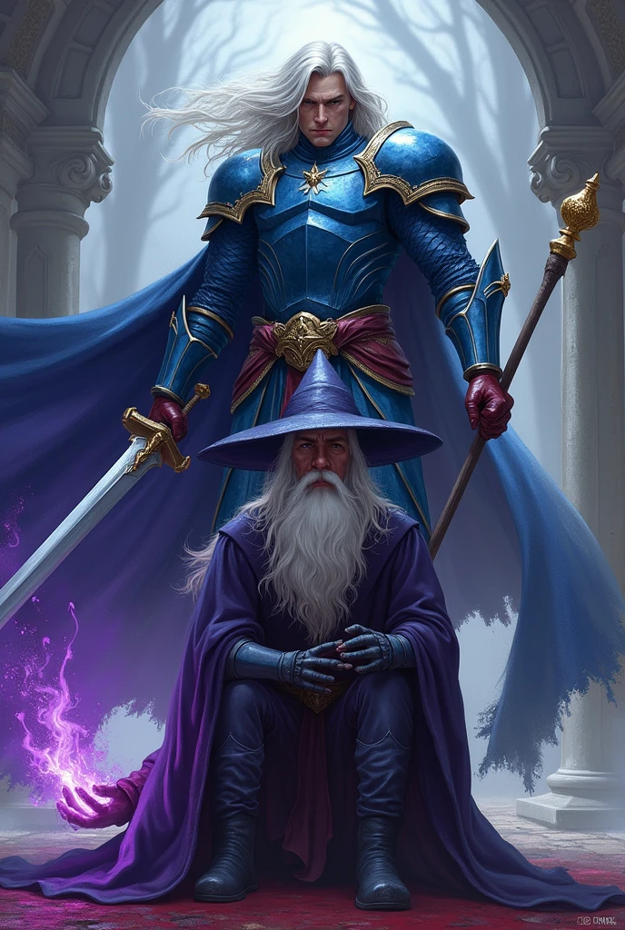 male warrior with armor in shades of blue, wearing red boots, White hair, sword in hand, In a victor's pose, before a defeated and dejected magician dressed in purple and dark tones, with a white beard and a pointed hat, wielding a long staff or cane, the tip of the staff adorned with a golden letter F engulfed in dark purple flames