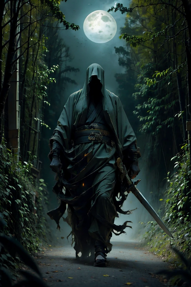(Highest quality, 4K, High resolution, masterpiece:1.2), Very detailed, (Realistic, photoRealistic, photo-Realistic:1.37), A man dressed as a samurai stands in the rain, Wearing a bamboo hat (fail) on head. He is surrounded by deep forests, Be enlivened by the sounds of nature. It's a moonlit night, The darkness creates a mysterious atmosphere. The man is wearing a black kimono with neon red stripes that glow in the dark。, Pull him out of the situation. his sword (knife) Pulled out, Ready to act in the face of impending disaster.