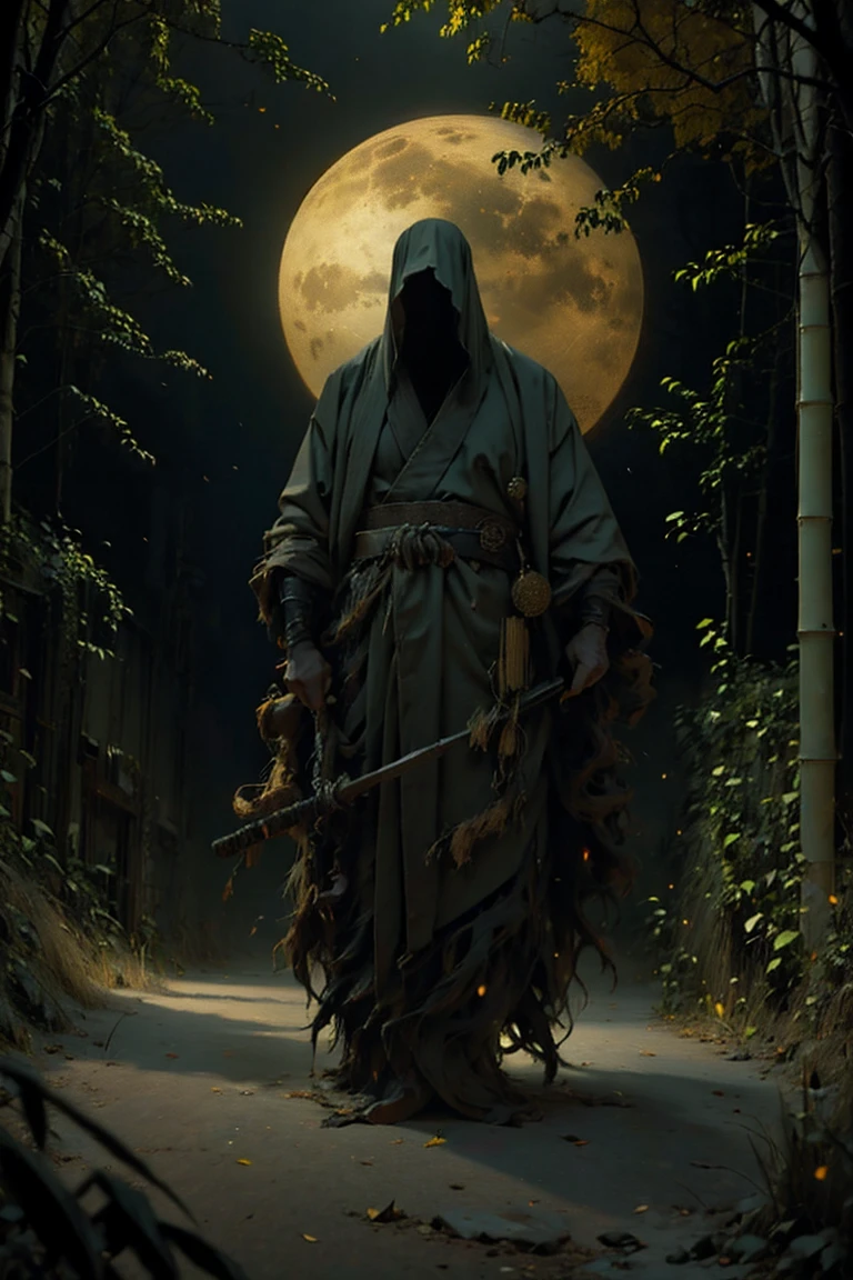 (Highest quality, 4K, High resolution, masterpiece:1.2), Very detailed, (Realistic, photoRealistic, photo-Realistic:1.37), A man dressed as a samurai stands in the rain, Wearing a bamboo hat (fail) on head. He is surrounded by deep forests, Be enlivened by the sounds of nature. It's a moonlit night, The darkness creates a mysterious atmosphere. The man is wearing a black kimono with neon red stripes that glow in the dark。, Pull him out of the situation. his sword (knife) Pulled out, Ready to act in the face of impending disaster.