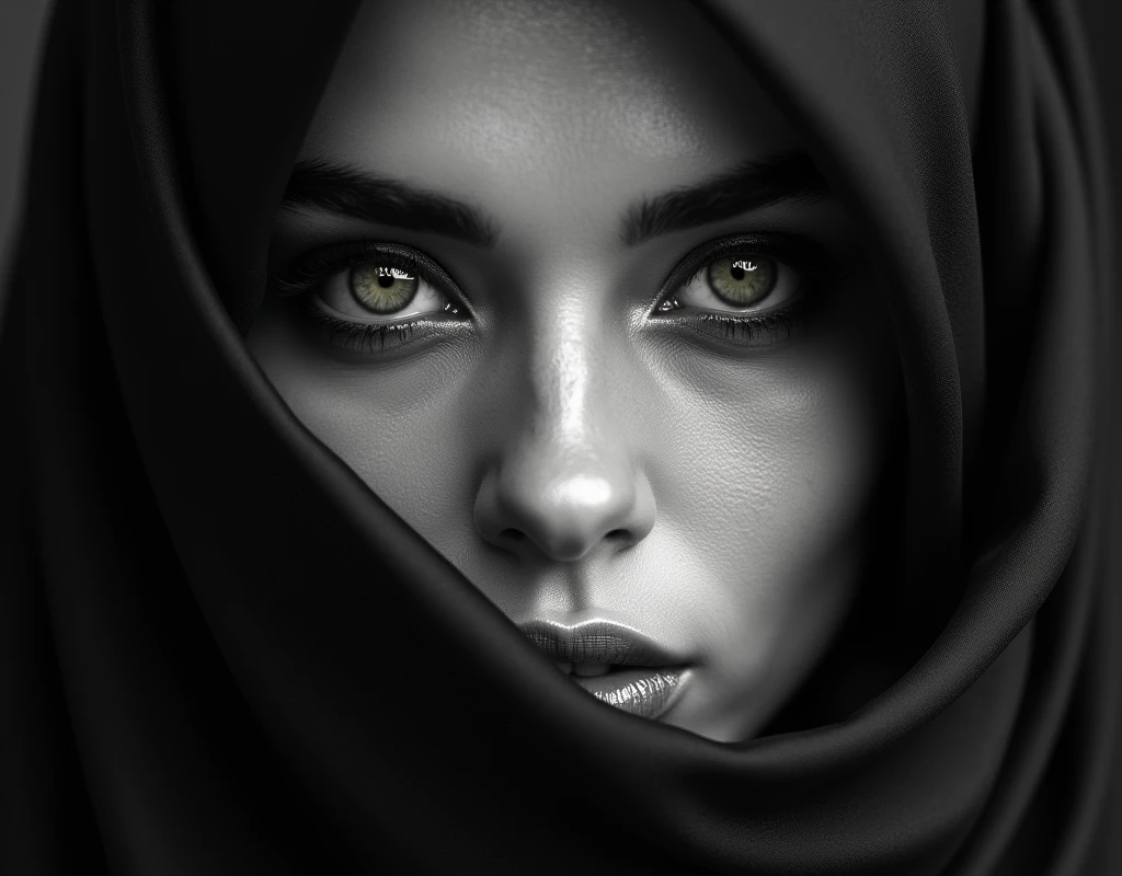 A mesmerizing close-up portrait of a woman’s face, with her captivating eyes as the focal point. Her eyes, framed by a flowing hijab, exude a sense of mystery and elegance. Monochromatic tones and the smooth, textured texture of her skin add depth and contrast, while detailed make-up and bold dark eyeliner highlight her green eyes and striking features. Silky fabric artfully wraps around her face, partially obscuring her forehead and lower face, drawing the viewer into the enigmatic composition. Soft lighting highlights subtle textures and reflective shine, creating a sophisticated and seductive image that transcends time and captures the imagination.