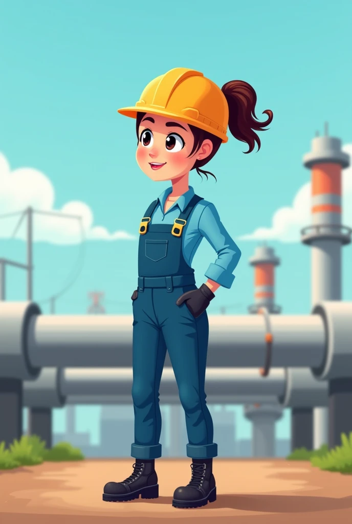 Natural Gas Marketing Company,A female worker,Tie your hair up,Blue long-sleeved overalls,helmet,Standing,Black safety shoes,Cartoon avatar,Natural gas pipeline in the background