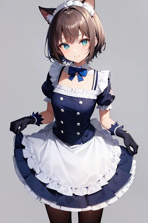 cute, A maid outfit featuring deep blue and cobalt stripes., Short stature, Standing directly in front of you, Cat ear, Blue-green eyes, Light brown hair, Staring at me with a smile, Paw-like gloves, cat tail