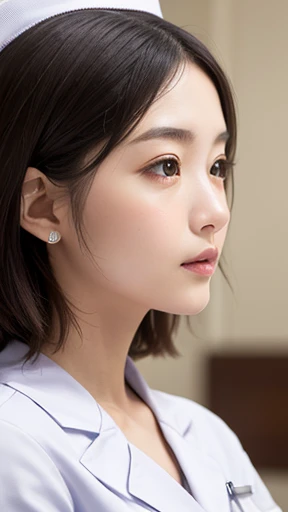 Pov shot, low angle, front view, (Peering into the audience:1.3), masterpiece、Full body portrait、(Professional Portrait、Professional Writing)、Detailed workmanship、High resolution、(8k, High resolution:1.2)、(to be born, Realistic:1.3)、Highest quality, Slim figure、High resolutionの顔、The chest is in focus、High resolutionの目、(concentrate, Symmetrical pupils:1.2)、High quality and beautiful skin、Firm Skin、Natural Makeup、Gloss Lip, High-definition hair texture、(Unbutton the fabric:1.3) break (White nursing uniform、White nurse uniform:1.3) BREAK Japanese women、、very cute, (Very embarrassed:1.3), (blush:1.3), Similar faces'I am going to cry:1.3、(Easy-to-photograph chest angle:1.3)、Focus on the chest, Cleavage, (Open your mouth),Nipples,Place the stethoscope on the viewer、Shake your head、On a hospital bed、The audience is the patient、Straddling the viewer's legs,doggy pose