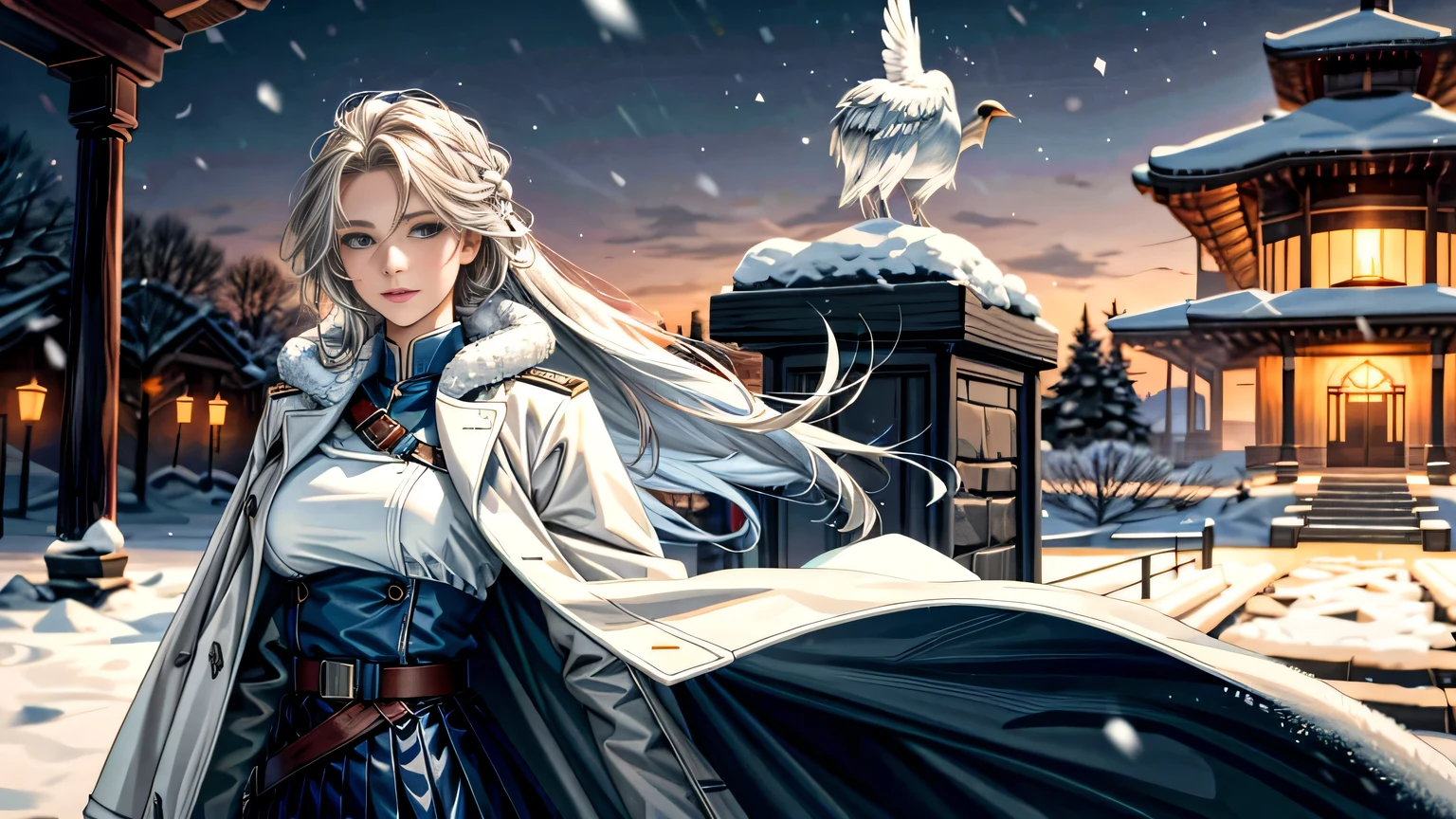 (highest resolution, distinct_image), realistic, Best quality, single person, one girl, solo, masterpiece, highly detailed, realistic, long hair, braided white blond hair, (blue military uniform underneath the coat), depth of field, (falling snow), ((big breasts)), authoritative, dignified, calm and powerful expression, ambient lighting, exquisite facial feature, (fur-trimmed white coat), open coat, short skirt, looking at viewer, head to waist, dynamic angle, light smile, ((from front)), full body, (((quiet and spacious plaza in background)))