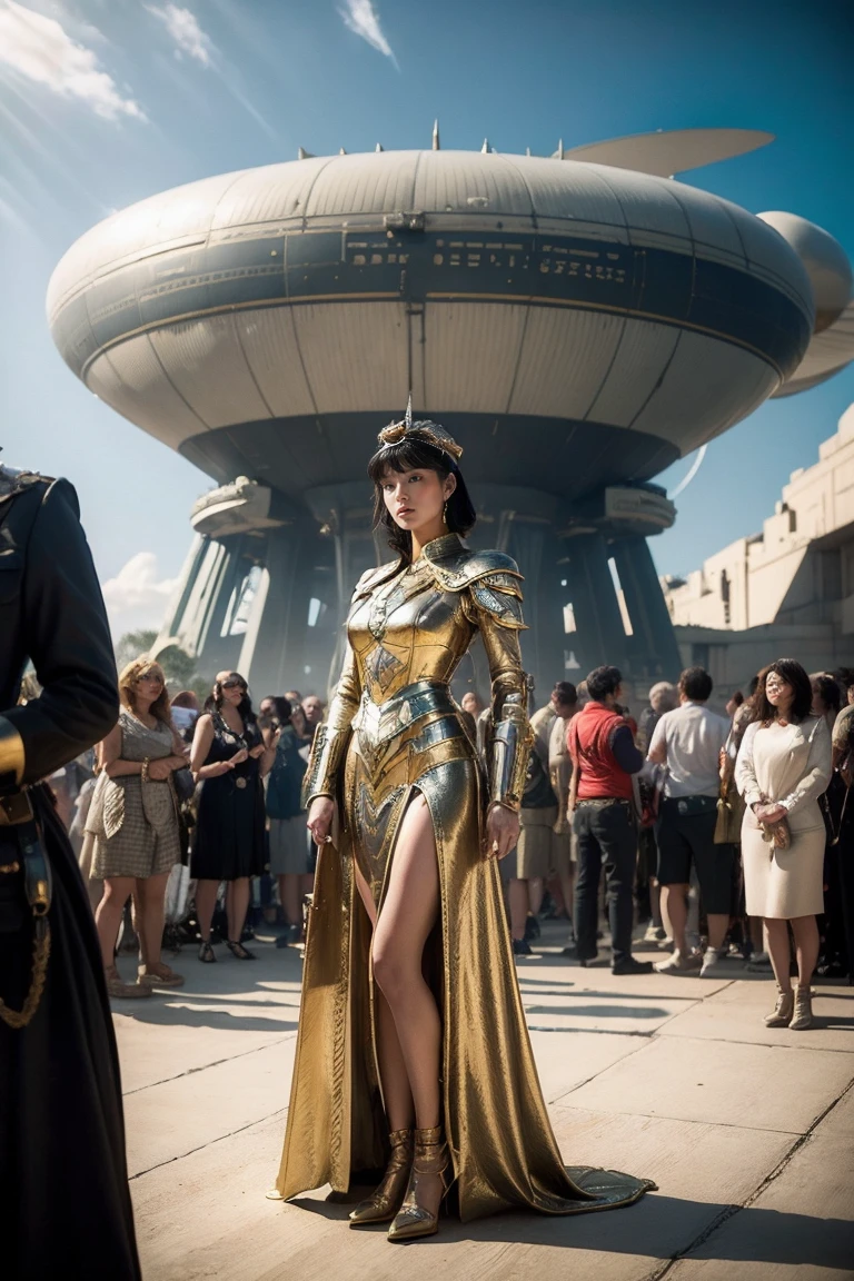 Woman in futuristic dress stands in front of a large crowd of people, large dieselpunk flying airships, dribble, Inspired by Gil Elvgren, fantasy paladin female, Inspired by Mark Brooks, [ Bubble, Portrait of Helen of Troy, Science - Fi : :, golden armor  