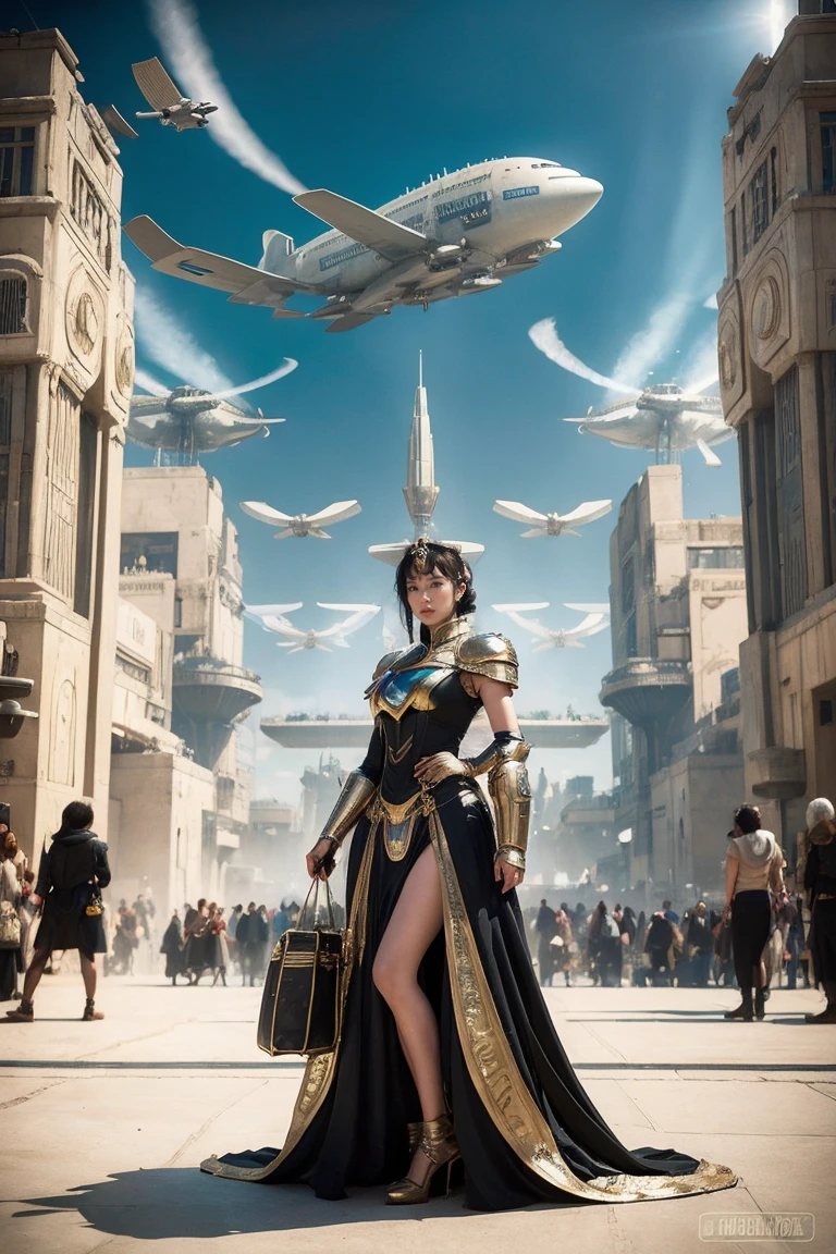 Woman in futuristic dress stands in front of a large crowd of people, large dieselpunk flying airships, dribble, Inspired by Gil Elvgren, fantasy paladin female, Inspired by Mark Brooks, [ Bubble, Portrait of Helen of Troy, Science - Fi : :, golden armor  