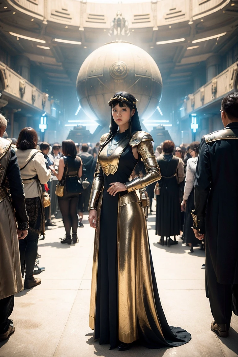 Woman in futuristic dress stands in front of a large crowd of people, large dieselpunk flying airships, dribble, Inspired by Gil Elvgren, fantasy paladin female, Inspired by Mark Brooks, [ Bubble, Portrait of Helen of Troy, Science - Fi : :, golden armor  