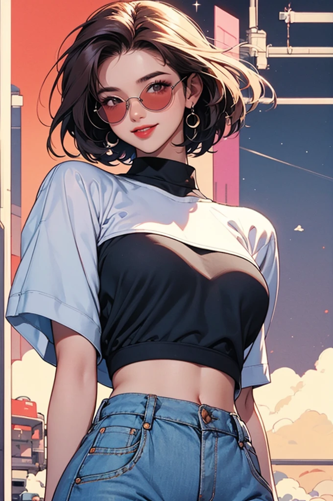 woman, 90's, retro, crop top,graphical design, 
High Fashion in the 1990s、Animation illustrations from the 1990s、smile、Looking forward、front、Watching the audience、Bob Hair、sunglasses