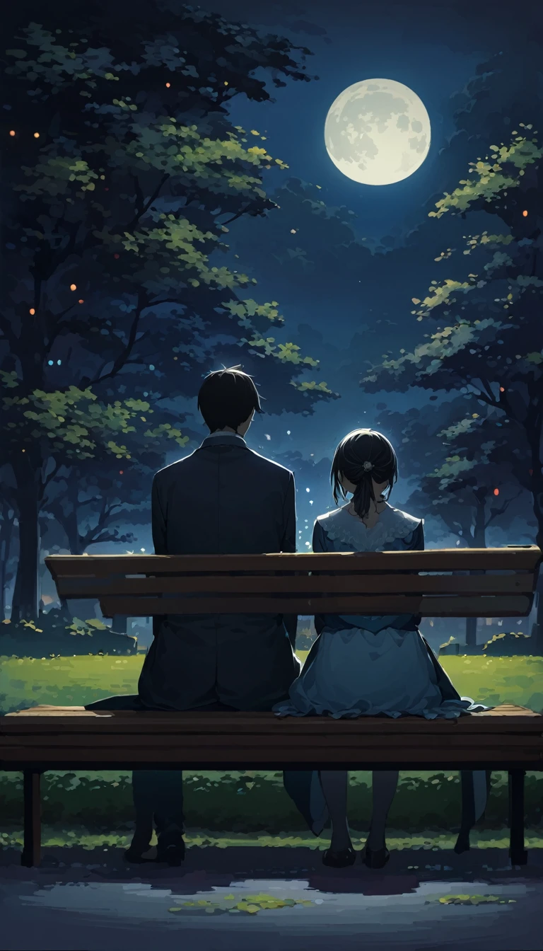 Highest quality、masterpiece、Beautiful landscape painting、night、Night Time、(((Two people sitting on a bench in a park at night、Two people sitting on a bench)))、(((Back view of man and woman、Two people standing close together)))、Back view、Beautiful Back view、Back view、dark、full moonのnight、full moon、Night bench、Meiji era costumes、Back view of two people、Long Shot、Full body angle、Dark lighting、moonlight、