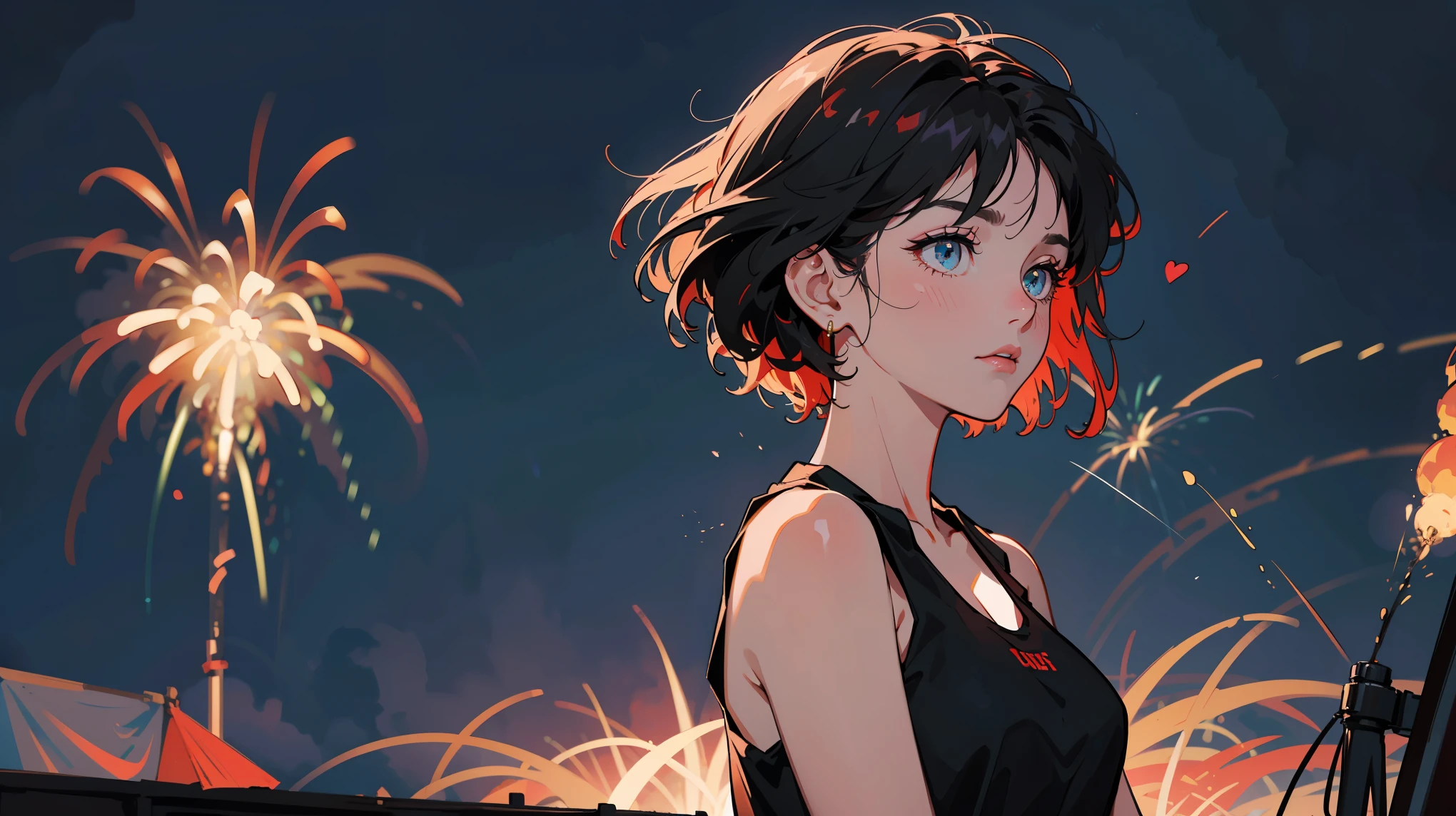 Upper body shot of sultry, heartbroken young woman, left-aligned. Turning towards camera, melancholy yet defiant expression. Revealing, slightly disheveled black tank top. Tousled dark hair.
Right side and upper half of background: vibrant fireworks display. Bursts of red, gold, blue against night sky.
Lower right: silhouettes of distant festival structures.
Woman illuminated by soft, colored glow from fireworks. Clear separation between woman and fireworks - no overlap.