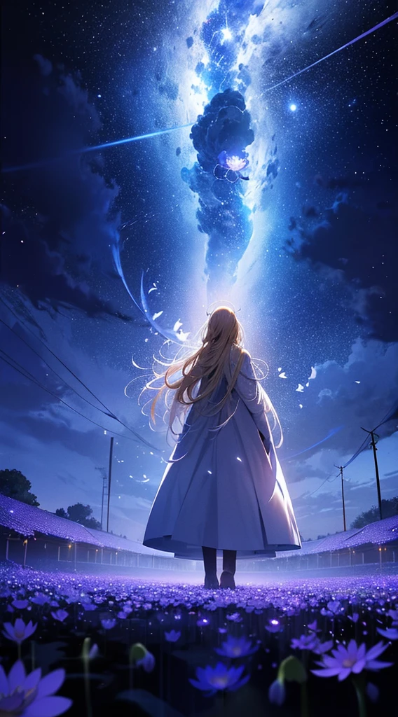 １people々々々々々々々々々々,Blonde long-haired woman，White long coat， Dress Silhouette， Rear View，Space Sky, Countless crosses stand in a flower field，Lotus flower，Fluttering petals，Countless crosses lined up，