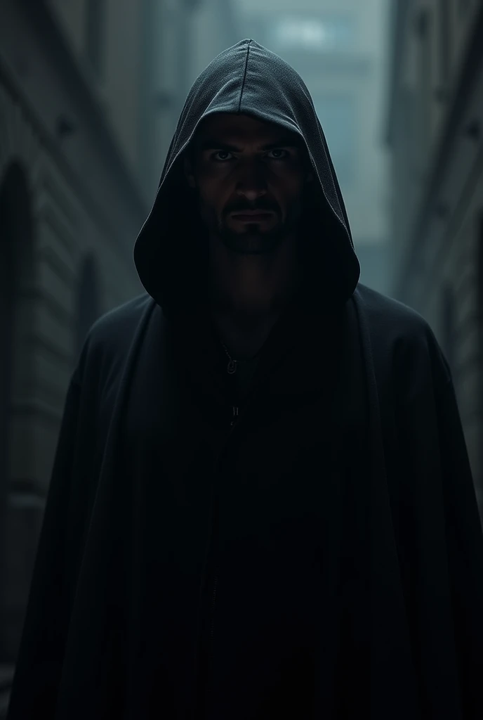 generate me an image of a mysterious person person with a face but a man with a hood in all black