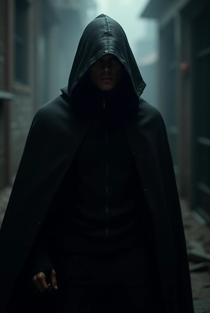 generate me an image of a mysterious person person with a face but a man with a hood in all black