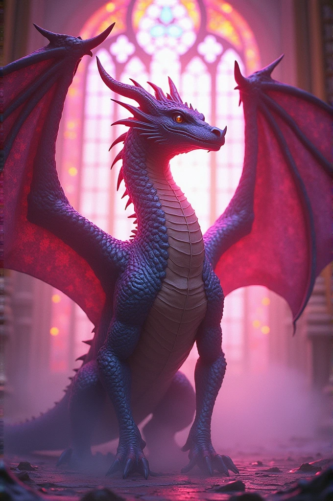 A western dragon surrounded by pink with stained glass in the background