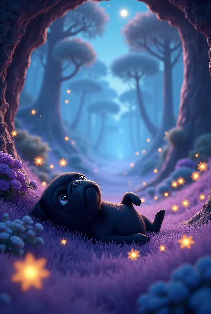 Juninho (a black pug puppy) leave the cave tired, because it ran a lot (now he is in a magical forest, with little flowers, fire flies, Magic trees, crystals, purple grass (predominant cool tones and warm tones for details). He lies on the grass on his back and looks at the starry sky.