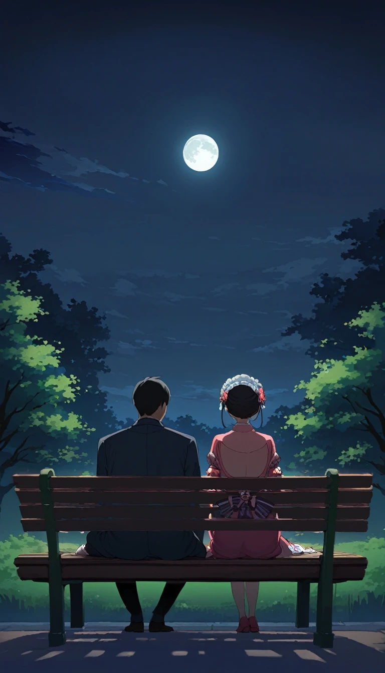 (((Back view of a man and a woman sitting on a bench:1.5)))、Highest quality、masterpiece、Takuboku Ishikawa、I hate the moon、Meiji period of Japan、Wabi-sabi art、Beautiful landscape painting、night、Night Time、(((Two people sitting on a bench in a park at night:1.2、Two people sitting on a bench)))、(((Back view of man and woman、Two people standing close together)))、Back view、Beautiful Back view、Back view、dark、full moonのnight、full moon、Night bench、Meiji era costumes、Taisho Romance、Back view of two people、Long Shot、Full body angle、Dark lighting、moonlight、