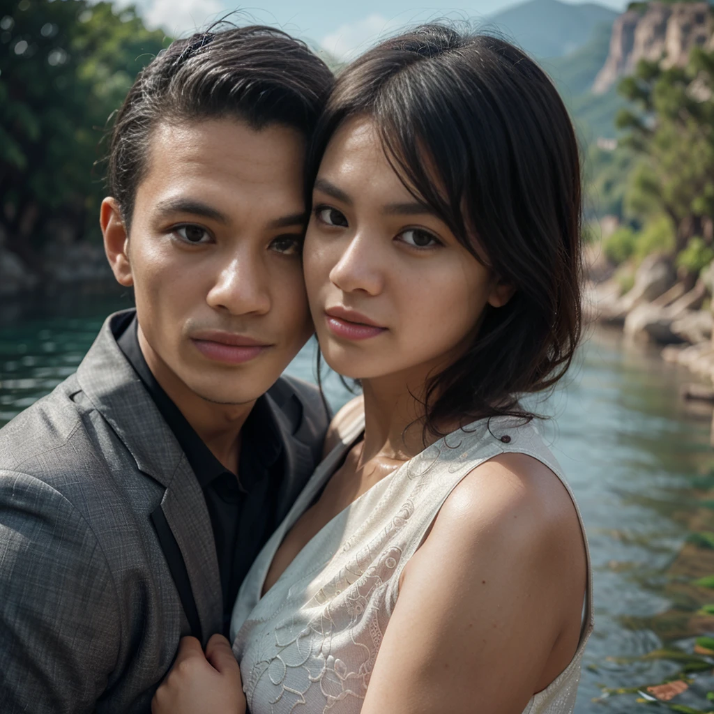 A indonesian couple (man and woman), romantic moments, the women wearing  muslim dress pra wedding, the man wearing suits, background the river at mountain,  realistic detailed UHD 4k photography extreme quality, Cg unity 8k, super delicate, background blur, full depth of field, HDR high dynamics, real restoration, intricate and extreme details, perfectly presenting the style of midjourney art.  realistic, elegant, goddess, surrealism, high detail, supremacy, cinematic lighting, ray tracing, shadow, uhd, retina, masterpiece, ccurate, anatomically correct, textured skin, super detail, high detail, high quality, high quality, award-winning, best quality, high resolution, 1080P, 16k, 8k, 4K, HD