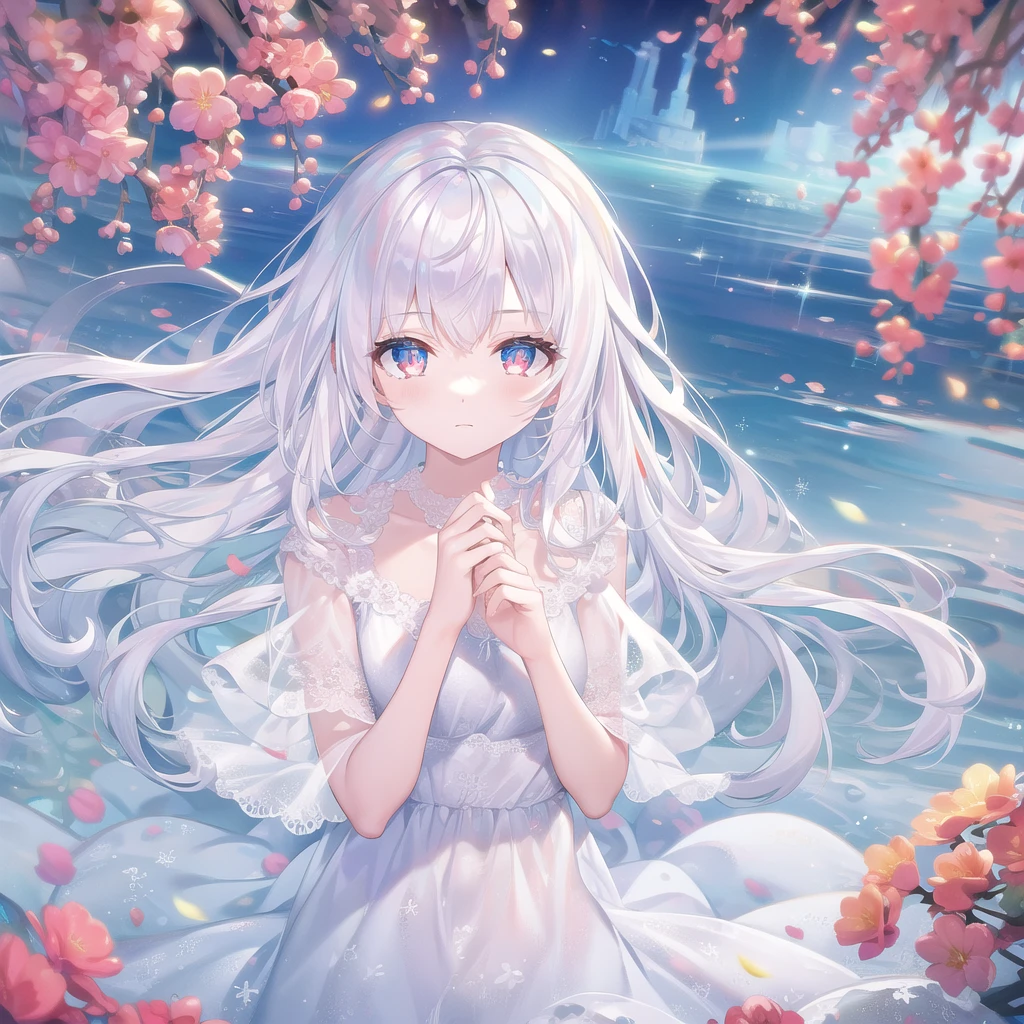 ((masterpiece, best quality))++, Detailed lighting+, Detailed hair+, Detail hand+ ,1 girl, Miss, Long hair, Crimson eyes, beautiful eyes, young white hair,,(Beautiful white hair:1.5),(Beautiful and delicate eyes), high resolution+,glass tint, Reflective eyes, {{angle}} , Very detailed wallpaper, The original, Air bangs,Extremely beautiful CG,Firefly,Nature,ocean