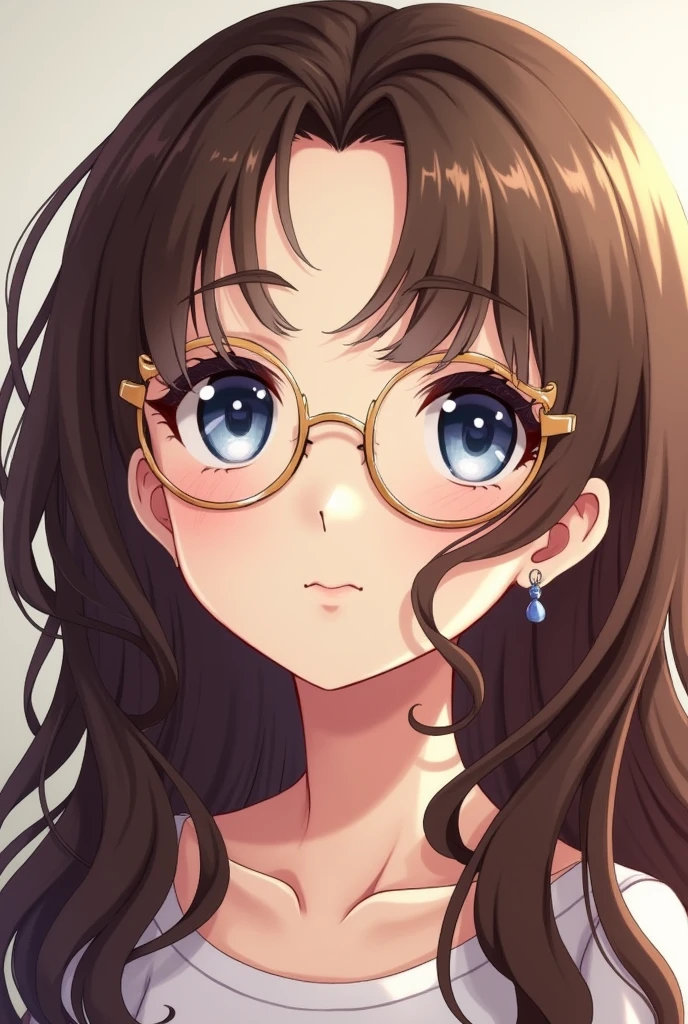 Semi-realistic anime girl, long brown hair with big curls, bright dark blue eyes, round and golden glasses, sweet expression.