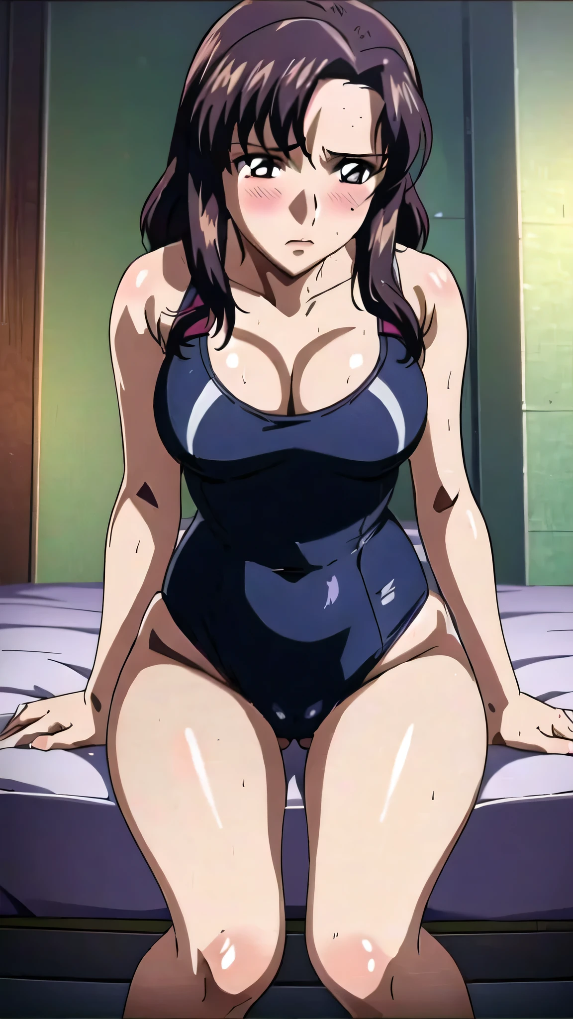 ((Masterpiece)),((Draw in beautiful detail)),(Gundam SEED),(Beautiful adult woman),(Murrue Ramius),((Black school swimsuit)),blush,Embarrassed expression,((Showing and spreading her beautiful vagina)),sit,front,bedroom