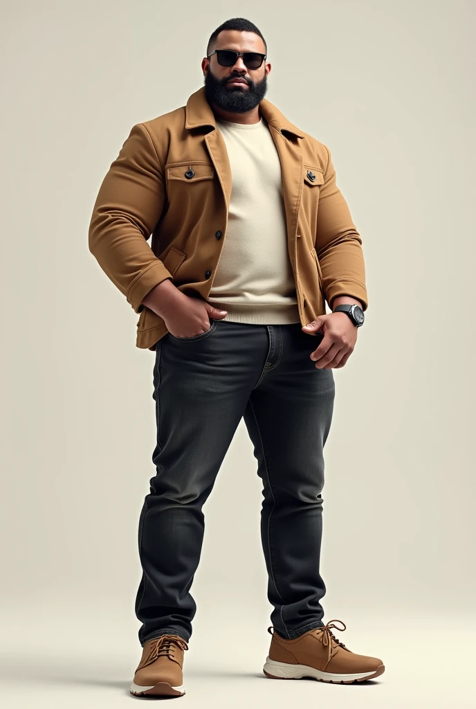 Create the image of a strong man wearing lighter wash black jeans, an off-white sweater and a light brown vest., light brown shoes with white edges and sunglasses. 