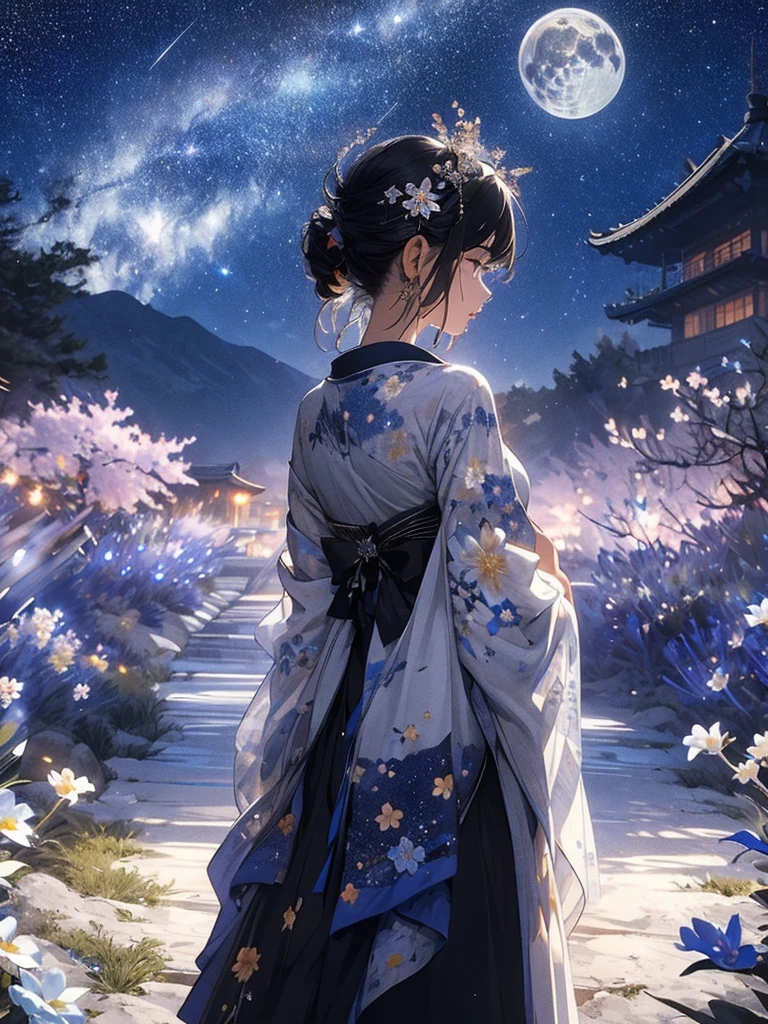 masterpiece, high quality, 4K, Beautiful design, Back view,silhouette, Highly Detailed Starry Sky at Night,Flower Field, wonderful, Finer details, Very knowledgeable woman, Highly detailed solo, 1 female,white kimono,Night view,Starry Sky,full moon,ponytail,Flower-decorated hairpin, hair accessories,cherry blossom