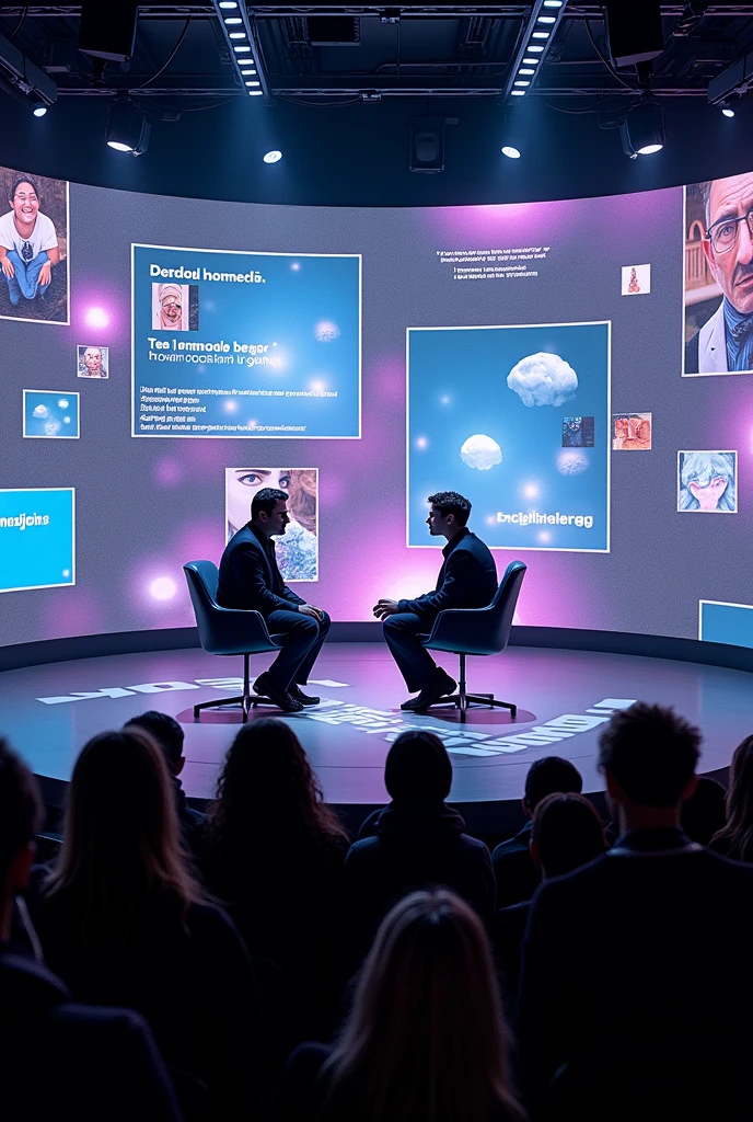 a stage where modern-day memes are presented and an interviewer questions an interviewee, and an audience watching