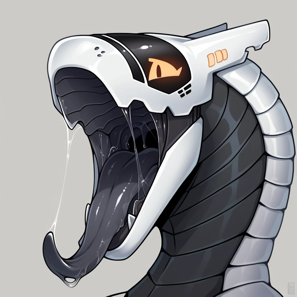 Interior of a maw, black maw, gullet visible, mouth open, synth \(vader-san\), robot:1.2, gray exterior, black chest, mouth shot, close view, black tongue, long tongue, saliva, glistening, seducing expression