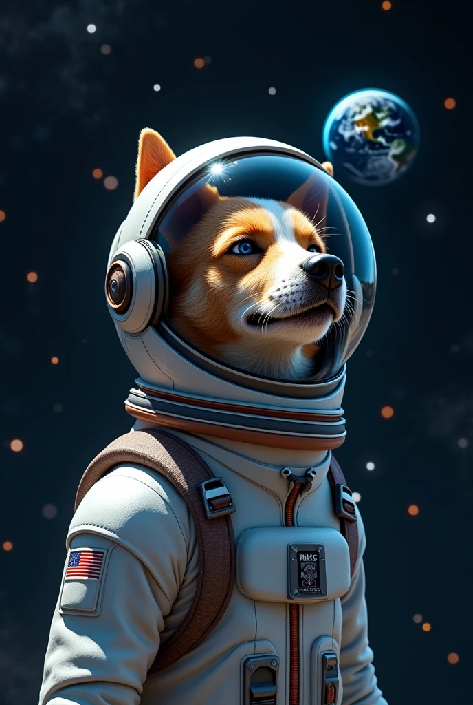 A dog that went to space and the image of the earth fell on the glass of his hat, and the stars are behind him