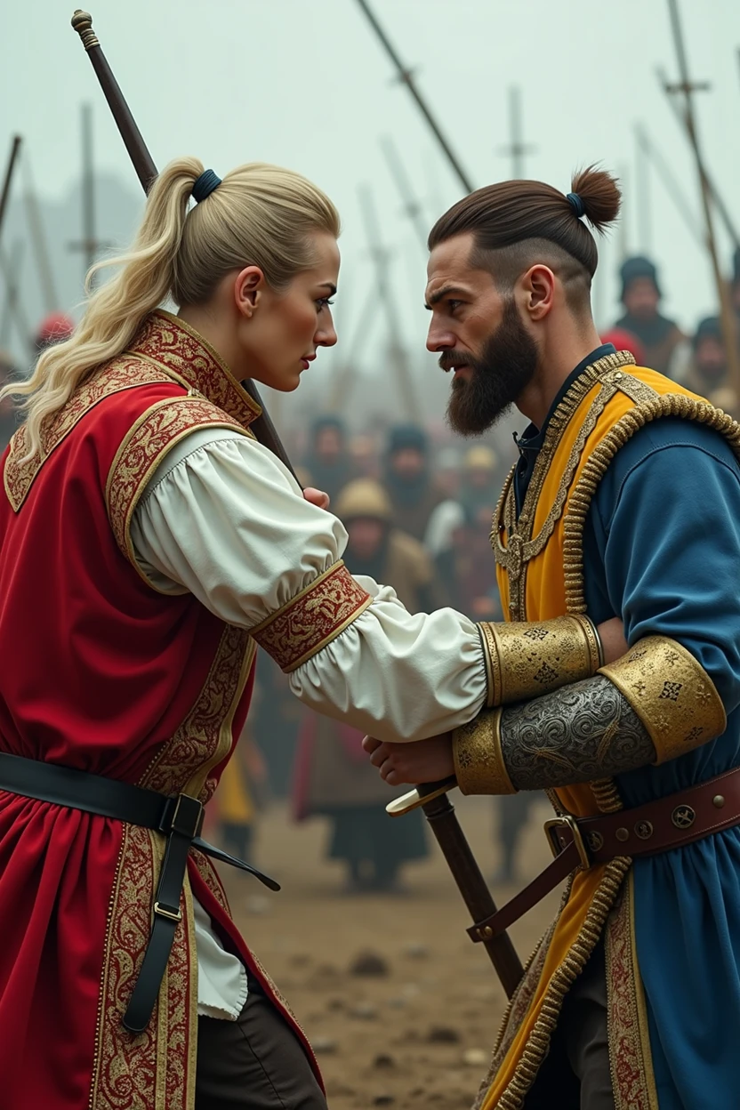 best quality, masterpiece, ultra high res, (photorealistic:1.2), 1girl, (detailed face:1.2), (detailed eyes:1.2), (detailed hair:1.2), (detailed clothes:1.2), 4k, , a nobleman wearing white and red well ornamented suit, fighting with poor barbaric cossack wearing blue and yellow clothes, they use sabres, they watch at each other angrily, aroung them there is a battlefield full of nobility and cossacks, they hold sabers and cross them with each other in a fighting act, person in red and white suit wears short hair and is blonde, person in blue and yellow clothes has only a pony tail coming from the top of his head which is shaved everywhere else he also has a moustache, person in blue and yellow clothes doesn't have a shirt