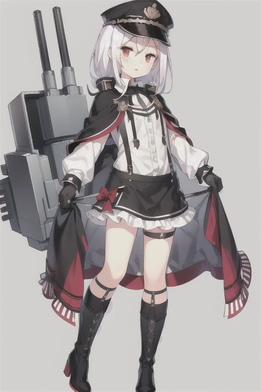 Vittorio_Veneto \(warship girls r\),((masterpiece)),(((best quality))),((ultra-detailed)),((illustration)),((disheveled hair)),((frills)),(1 girl),(solo),1girl, aiguillette, bangs, black footwear, black gloves, black headwear, black skirt, blush, boots, cannon, cape, collared shirt, dress shirt, full body, gloves, gradient, hat, holding, iron cross, jacket, long hair, long sleeves, looking at viewer, machinery, open mouth, peaked cap, red eyes, shirt, shoes, skirt, smile, solo, suspenders, turret, very long hair, white hair, white shirt