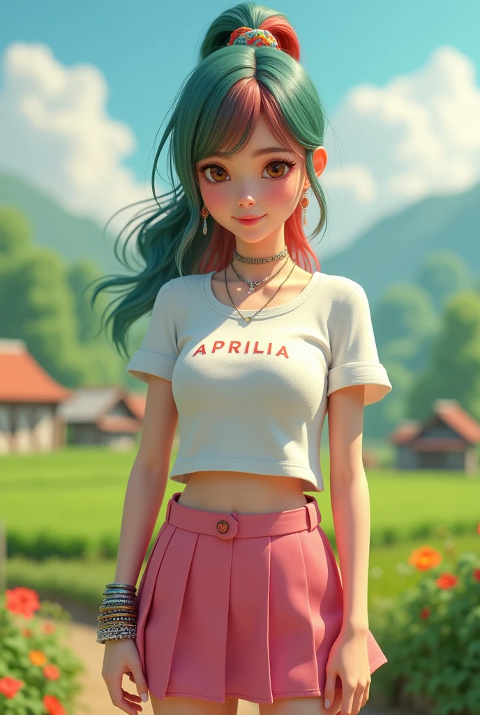 make me a 3D picture,real character HD.A beautiful age girl wearing a short pink skirt and wearing a white shirt, orange hair, two-color hair tie, green and red hair, wearing a metal bracelet, wearing glass shoes, wearing helokiti earrings, wearing a necklace.displays "APRILIA". on his clothes. background in the countryside.detailed and clear creation.small capital font.