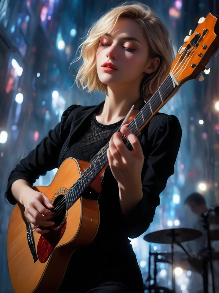((Masterpiece in maximum 16K resolution):1.6),((soft_Farbe_photograpy:)1.5), ((Ultra-Detailed):1.4),((Movie-like still images and dynamic angles):1.3) | ((double contact):1.3), ((Beautiful Blonde Female Musician silhoutte effect):1.2), ((Superimposed on Pretty Female):1.1)《dark city sky》Agnes Cecile, Jeremy Mann, Oil and ink on canvas, fine dark art, super dramatic light, photoillustration, amazing depth, the ultra-detailed, iridescent black, superfluous dreams, intricately details, amazing depth, Amazing atmosphere, Mesmerizing whimsical vibrant landscapes, ((Female musician playing guitar):1.5), maximalism ((beautiful outside, Ugly inside, pressure and pain, beauty and despair, hard and soft, positive and negative, hot and cold, Sweet and sour, Vibrant but boring, Perfect harmony, light and shadows, old and young, Black and white, Corresponding Farbe, loud and quiet, Chaos and peace, life and death):1.2) (Angel and devil themed songs)The complex masterpiece of a real-time engineering leader. | Rendered in ultra-high definition with UHD and retina quality, this masterpiece ensures anatomical correctness and textured skin with super detail. With a focus on high quality and accuracy, this award-winning portrayal captures every nuance in stunning 16k resolution, immersing viewers in its lifelike depiction. | ((perfect_composition, perfect_design, perfect_layout, perfect_detail, ultra_detailed)), ((enhance_all, fix_everything)), More Detail, Enhance. | (((perfect_fingers))), (((perfect_Legs))), (((perfect_hands))),