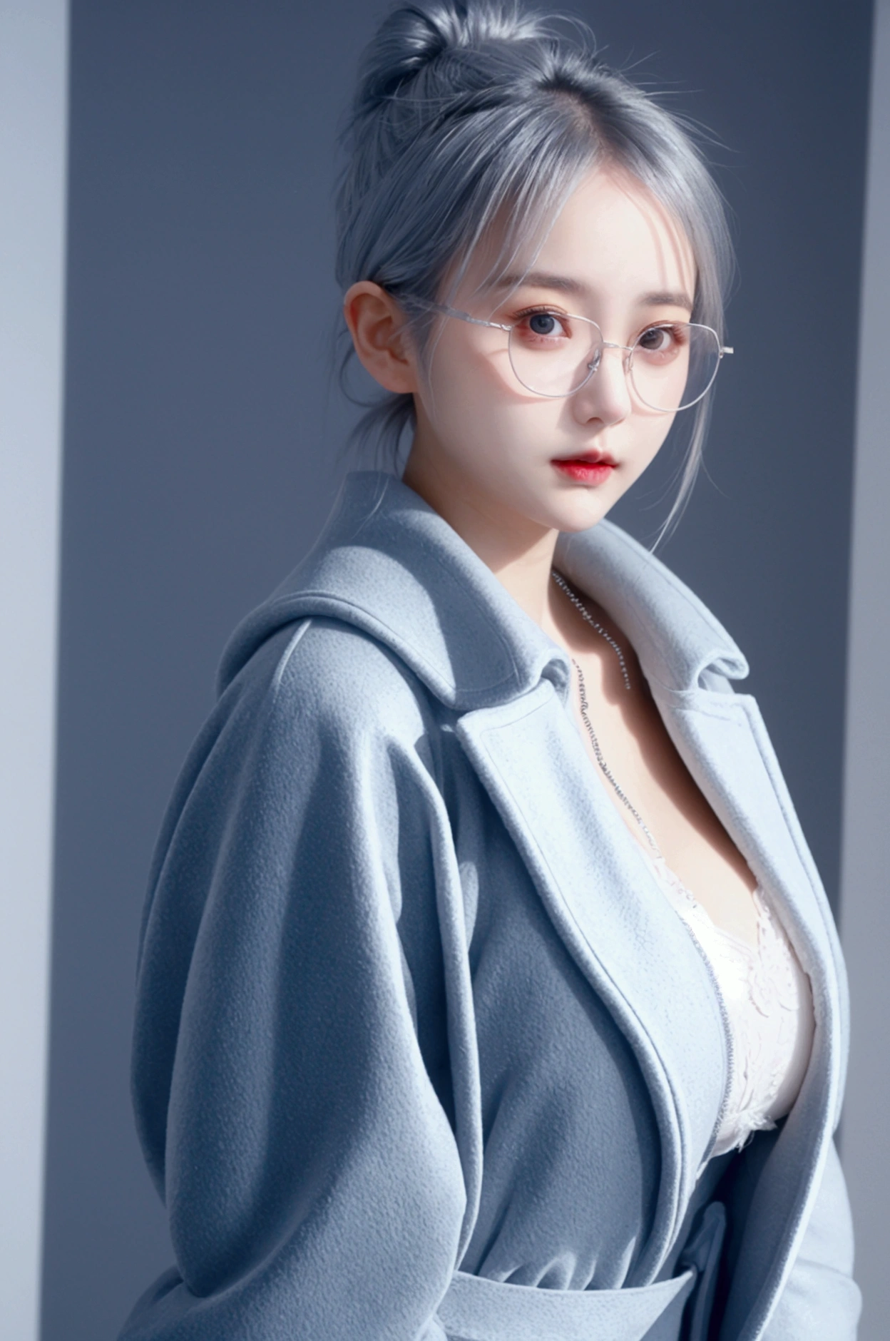 personal，young girls，23 years old, Fine hairs, delicate face, silver hair, Long hair tied up，full, Short hair details，Blue winter coat, Model eyes glasses Huge breasts, 