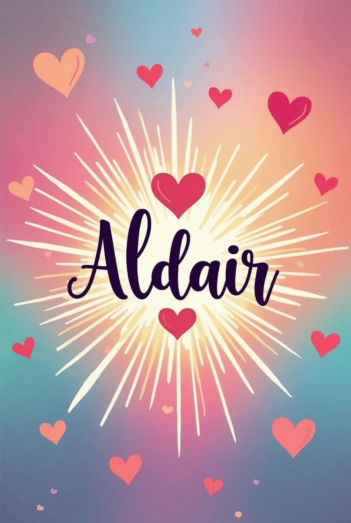 a logo with hearts and the name Aldair with very nice letters and a colorful background with hearts and rays