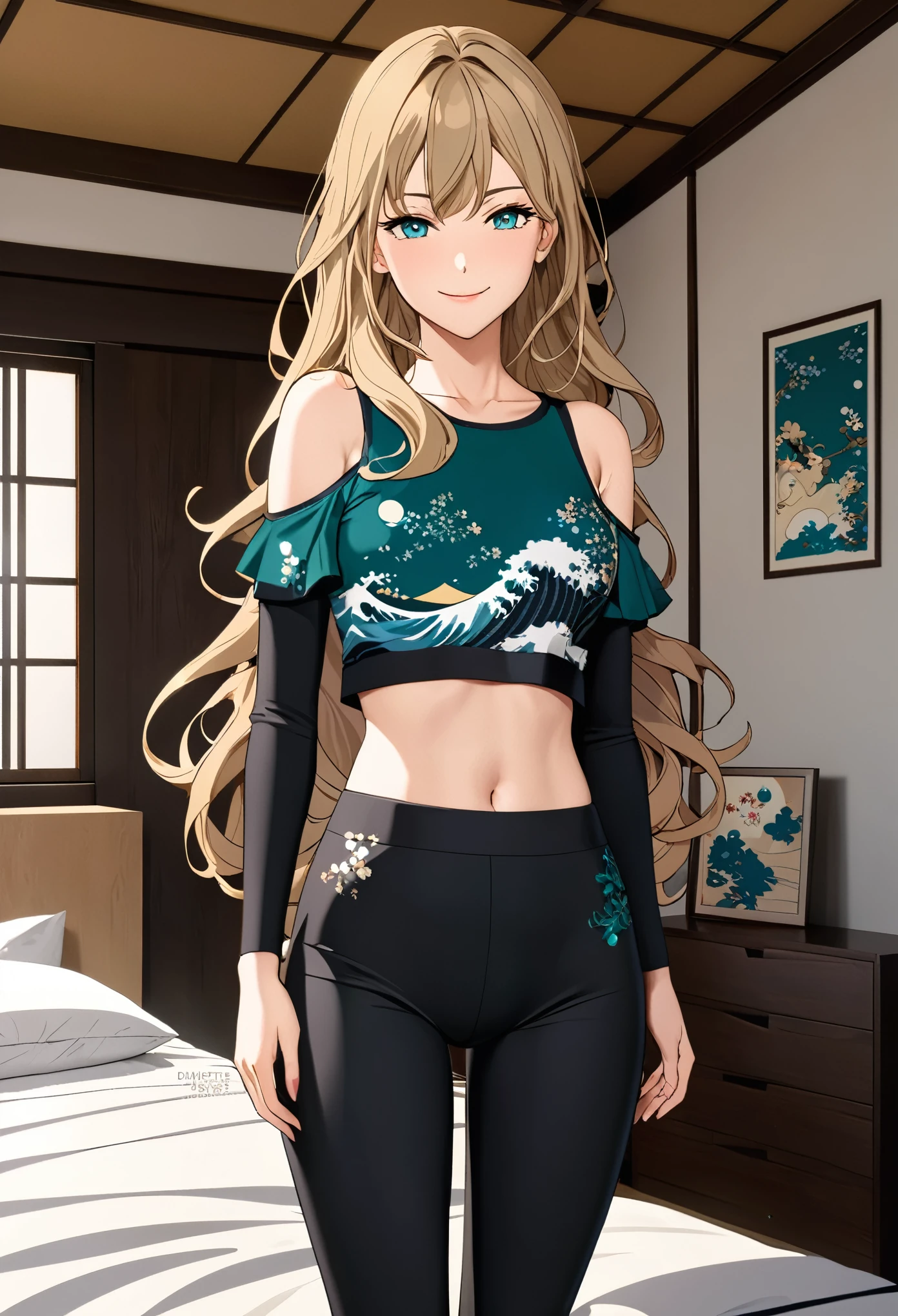 (masterpiece), (high resolution, 8k), (high detailed), woman mature, tall, (wavy long hair (dark blonde)), beautiful face, (close mouth:1.2), tired smile, small breast flat, wearing dark teal colored crystal themed cold shoulder japanese character themed top, black leggings pants with skirts layers, standing on bedroom, anime style, unaestheticXL_bp5, SimplePositiveXLv2