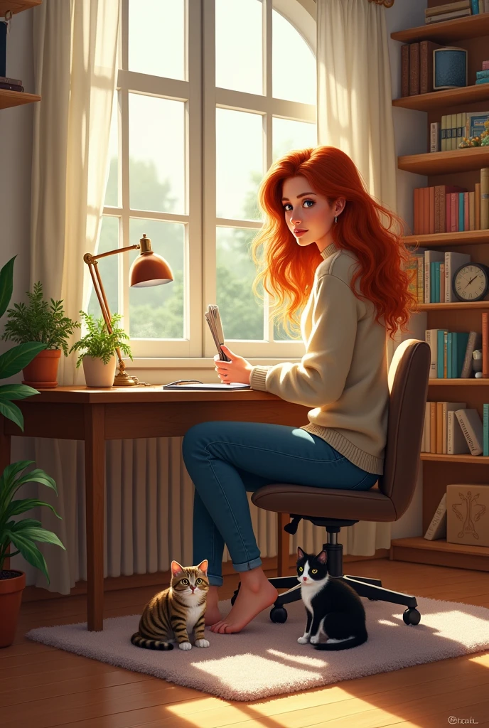 Create a drawing of a woman with wavy hair in a home office with a striped cat and another black and white cat